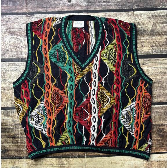 Coogi Sweater Vest Mens L 3D Knit Colorful Mercerized Cotton Australia V-Neck